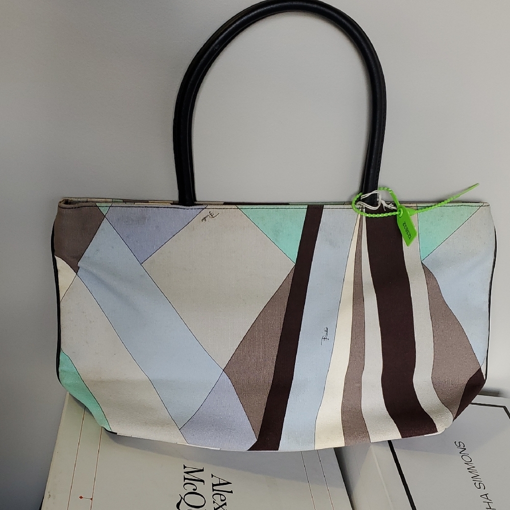 Emilio Pucci Geometric Stripe Tote in Light Blue, Brown, Mint, Ivory